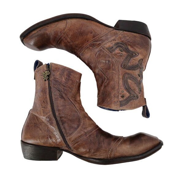Mark Nason Italy Boots Dragon Mens 12 Distressed Brown Leather Rock Lives Zipper - Picture 5 of 14